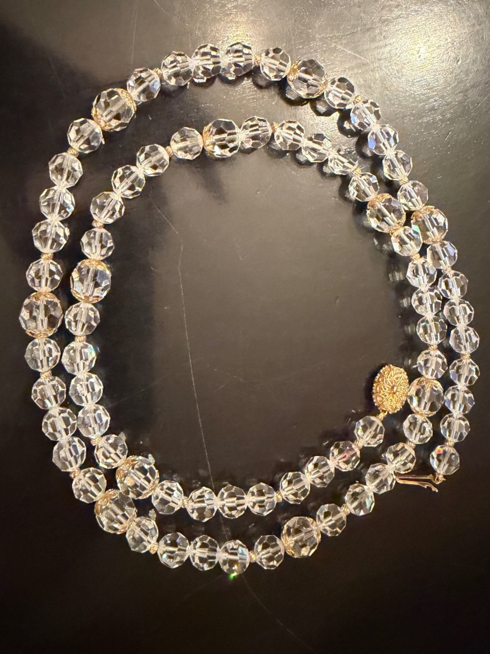 34" VTG Swarovski Crystal Heavy Clear Crystal Necklace w Gold Spacers and Caps